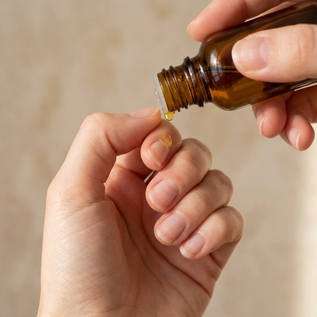 Main appliquant une goutte d’huile sur les cuticules sous lumière naturelle chaude, fond beige minimal. 
