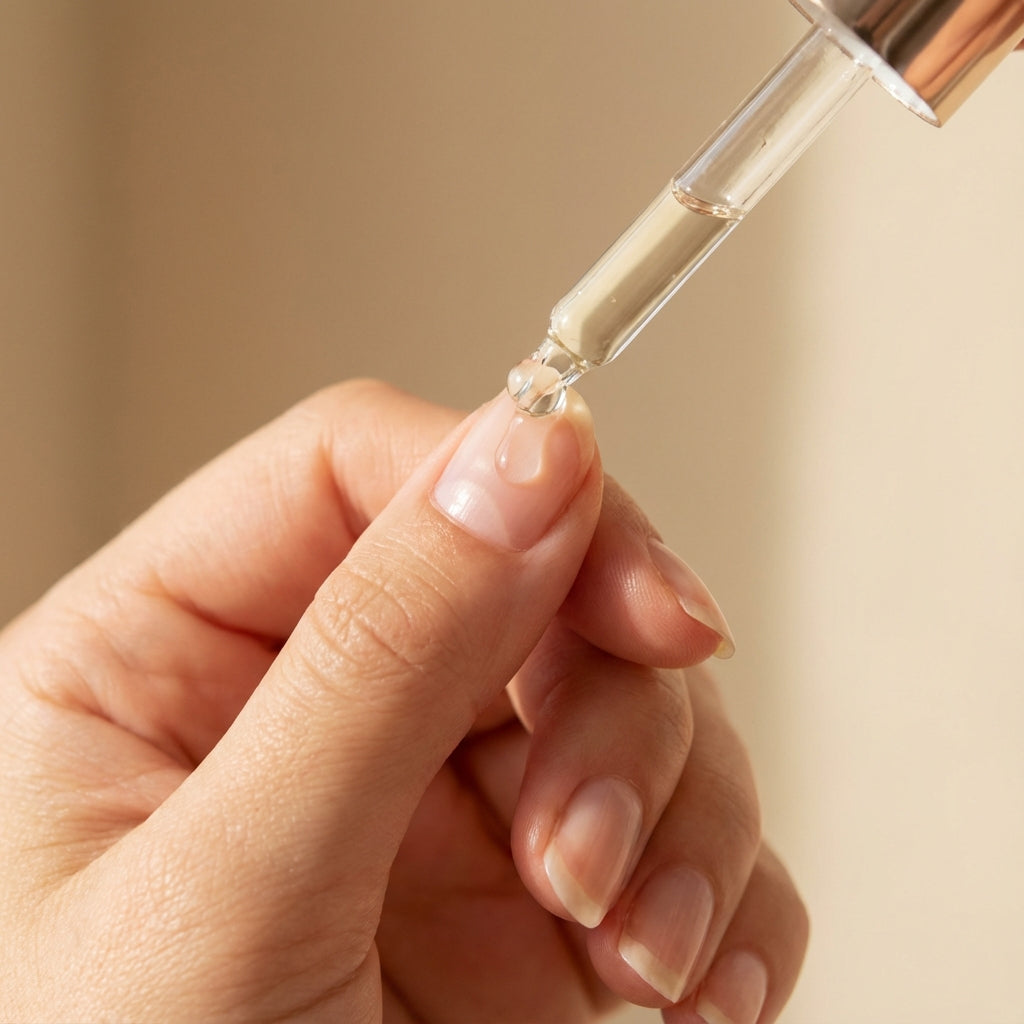 Application d’une goutte d’huile sur la cuticule pour renforcer et hydrater les ongles. 