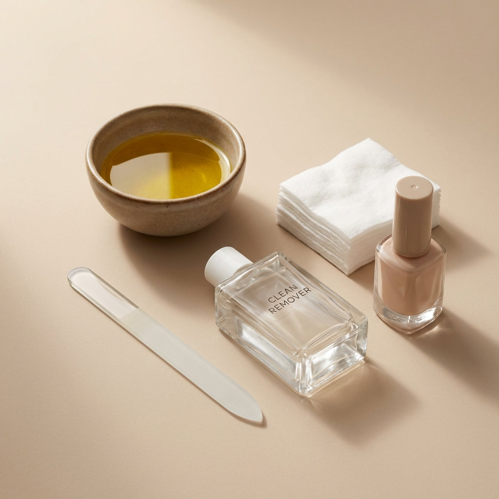 Accessoires essentiels pour entretenir les ongles : bol d’huile de jojoba, lime en verre, dissolvant, carrés de coton et flacon de vernis sur fond beige minimaliste. 