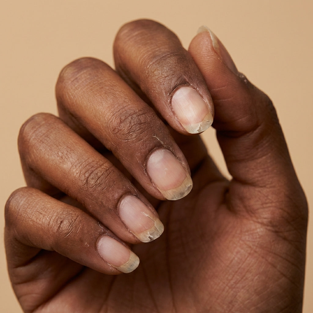 Ongles naturels présentant un contour sec et un dédoublement du bord libre, dans une esthétique douce et réaliste.