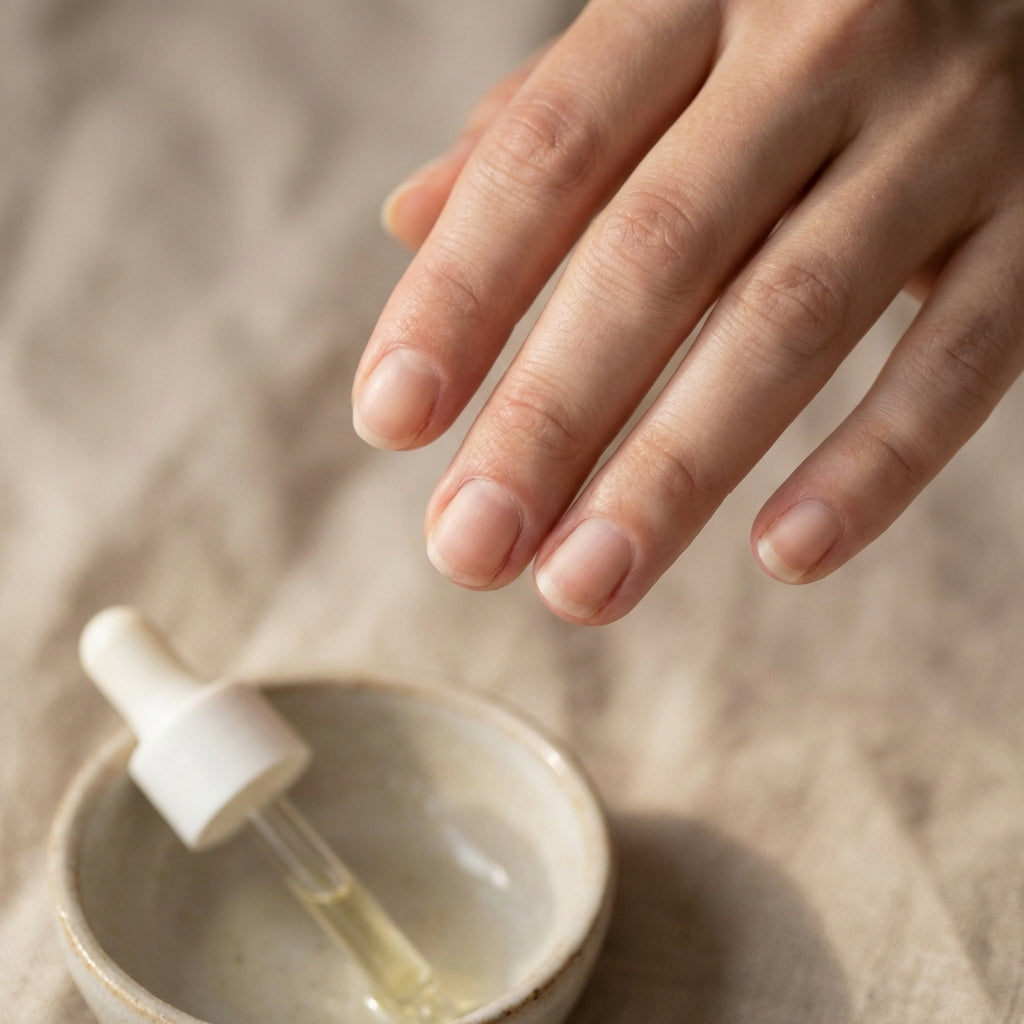 Ongles naturels à la lumière douce, peau nue au dessus d'un bol de manucure dans lequel repose une pipette d'huile de soin.