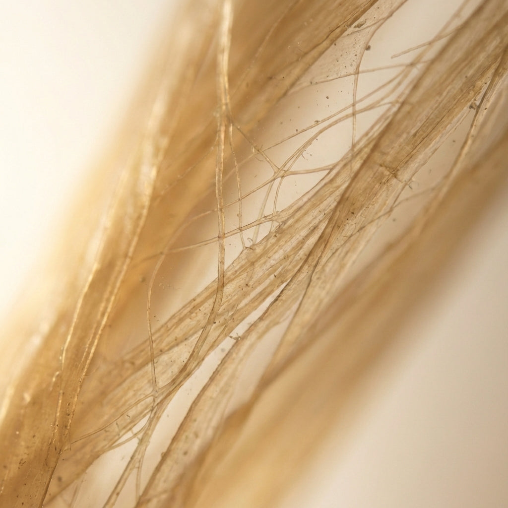 Texture macro de kératine simulée, filaments fins entrelacés sous lumière douce et teintes ivoire. 