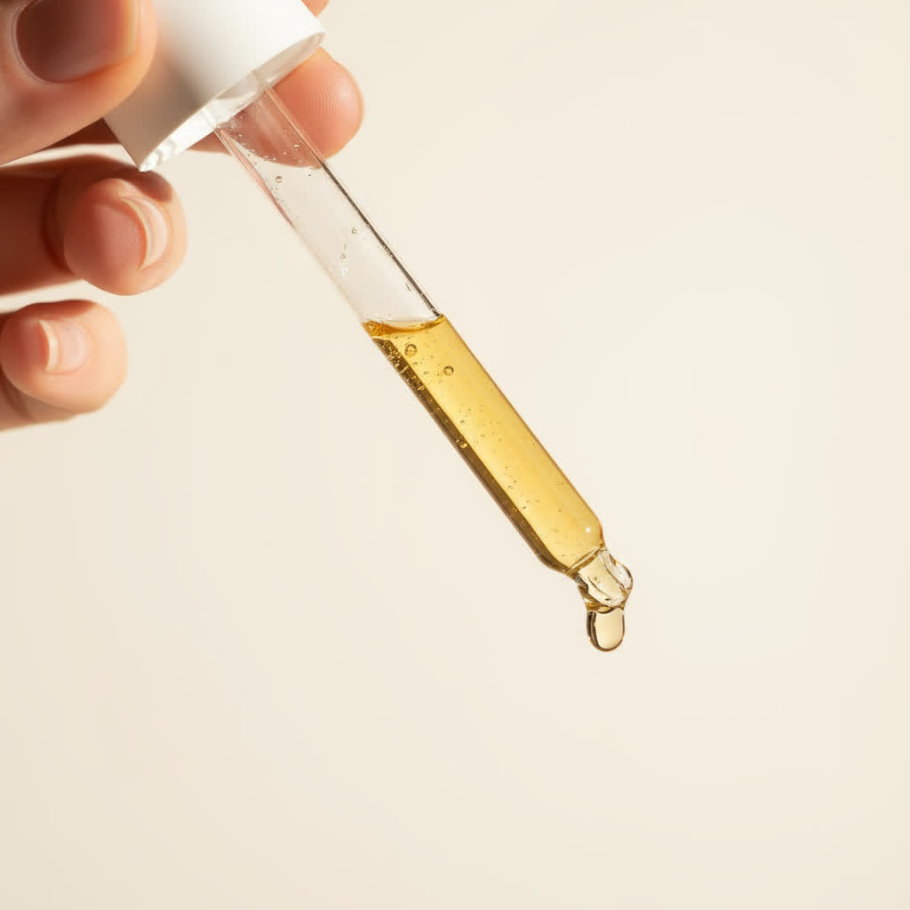 Main tenant une pipette d'huile de jojoba au bout de laquelle une goutte s'apprête à couler sur fond neutre, lumière douce et naturelle.