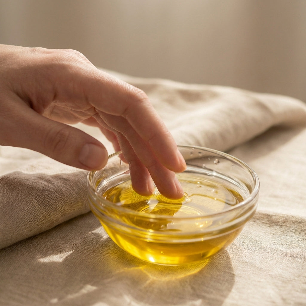 Main plongeant doucement les doigts dans un bol d’huile de jojoba tiède à la lumière naturelle.