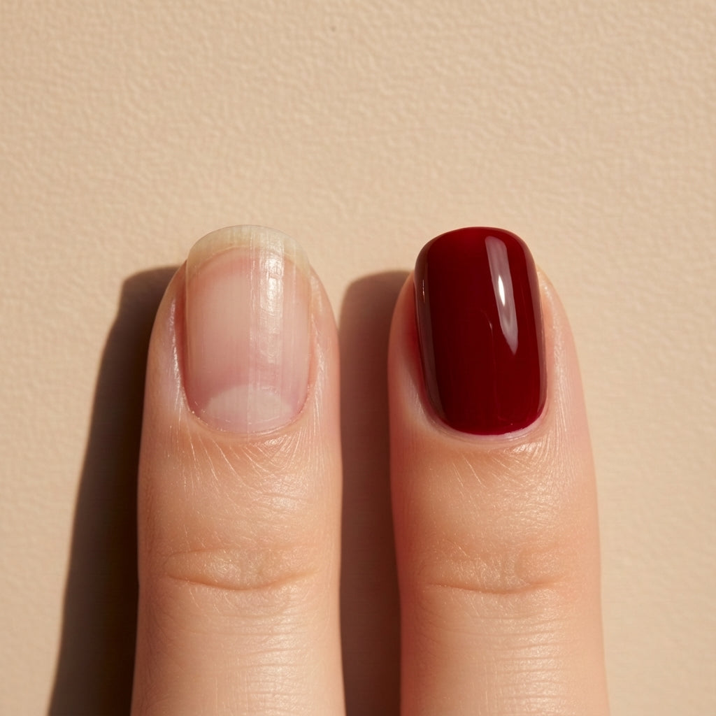 Ongle naturel mat à côté d’un ongle sous gel brillant, contraste entre authenticité et artifice.