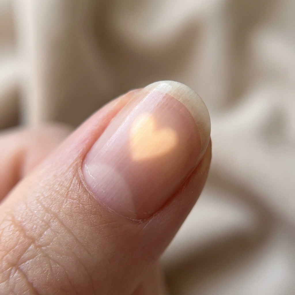 Ongle naturel avec un léger reflet lumineux en forme de cœur, dans une lumière douce et élégante. 