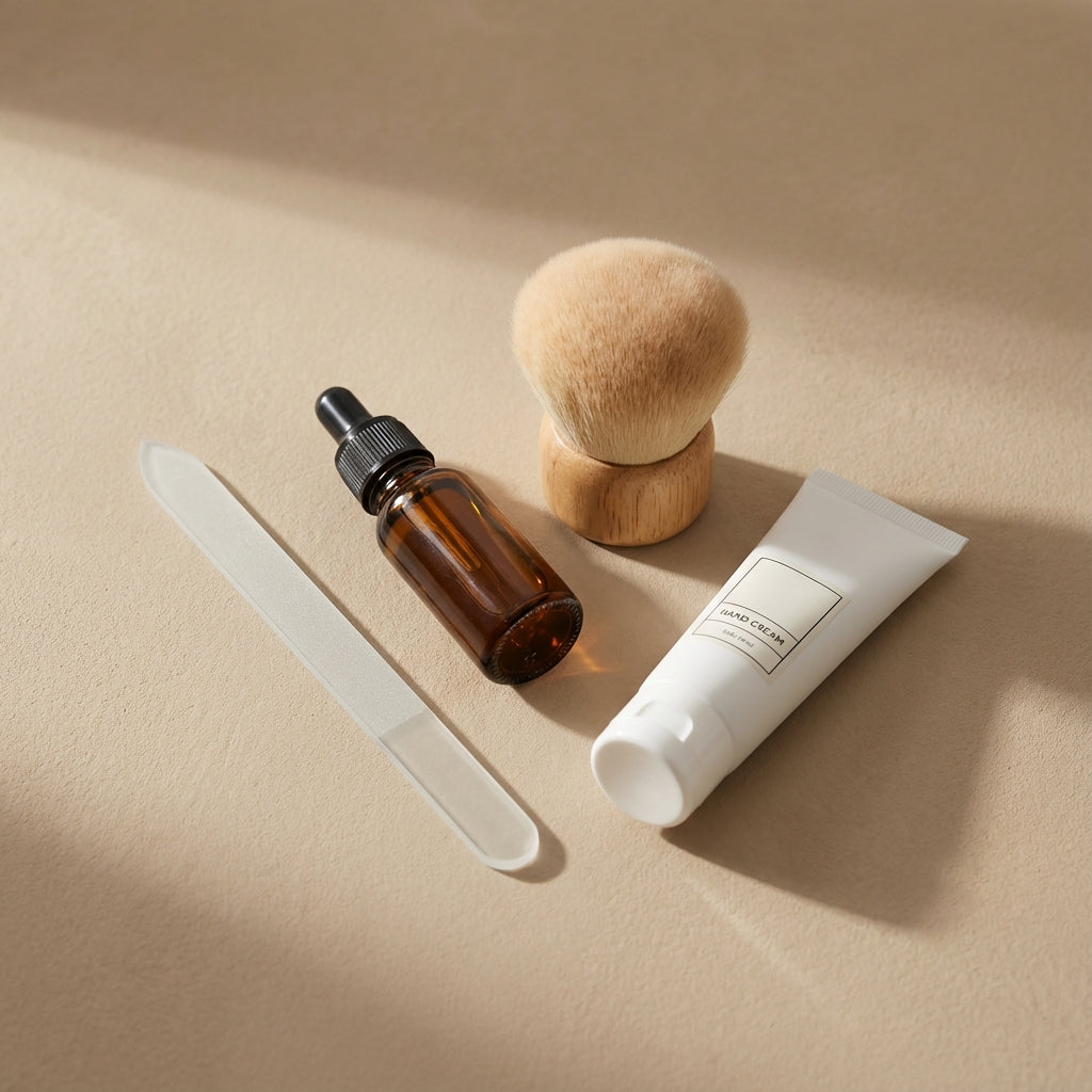  Outils essentiels pour les ongles naturels : lime douce, huile cuticules, brosse et crème mains sur fond beige minimaliste.