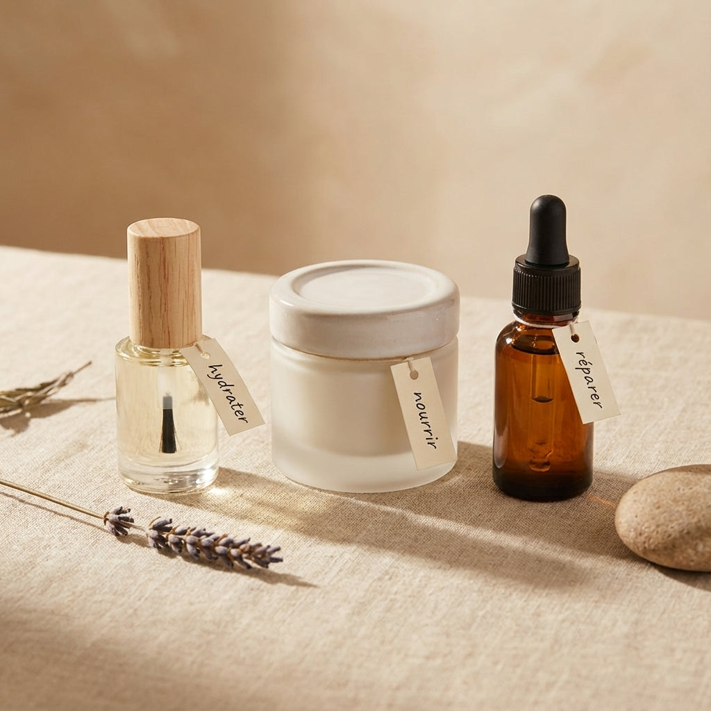 Trois produits de soin des ongles étiquetés “hydrater”, “nourrir” et “réparer” sur fond beige, lumière naturelle. 
