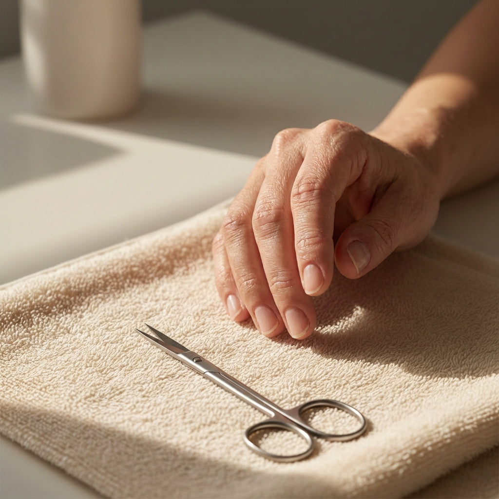 Main posée sur une serviette beige avec une paire de ciseaux fins de manucure placée à côté, évoquant le sujet des cuticules.