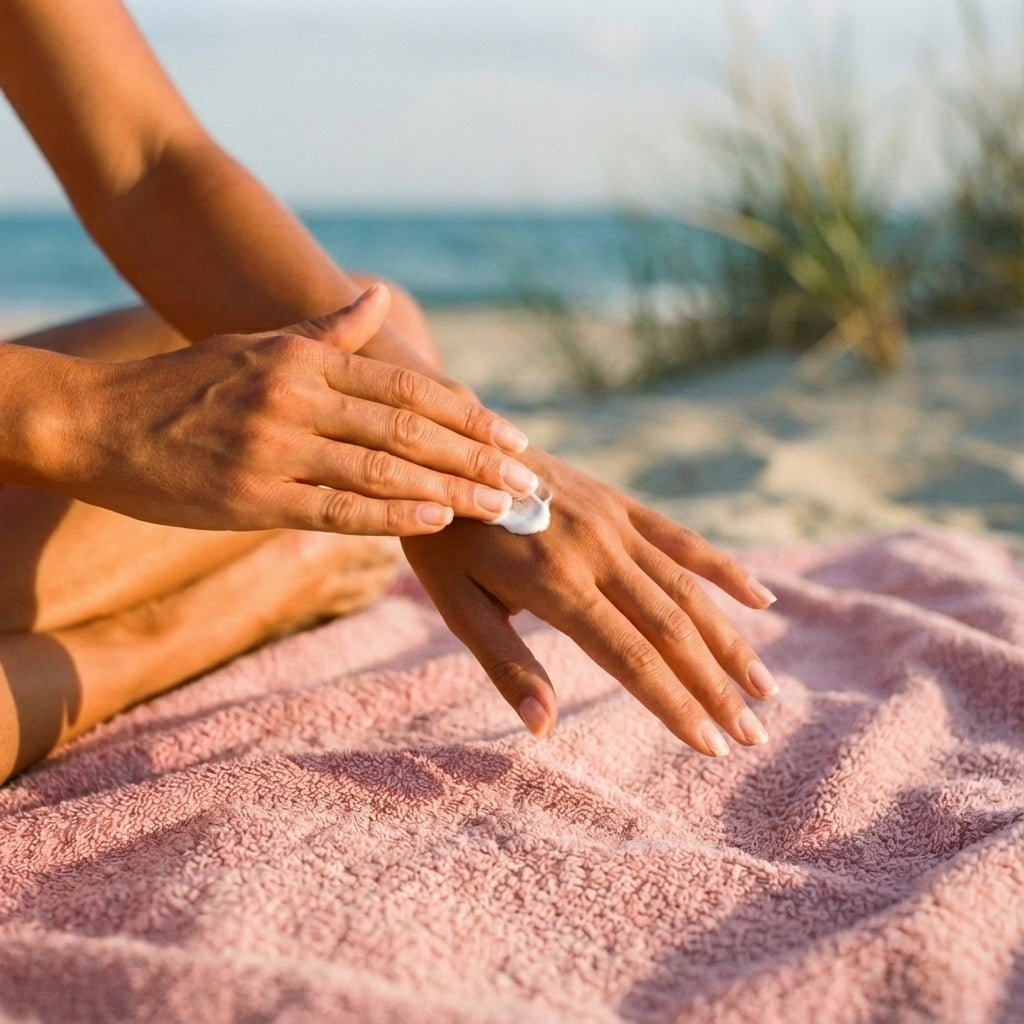 Application de crème mains sur une main posée sur une serviette de plage rose, pour protéger les ongles et la peau en été. 