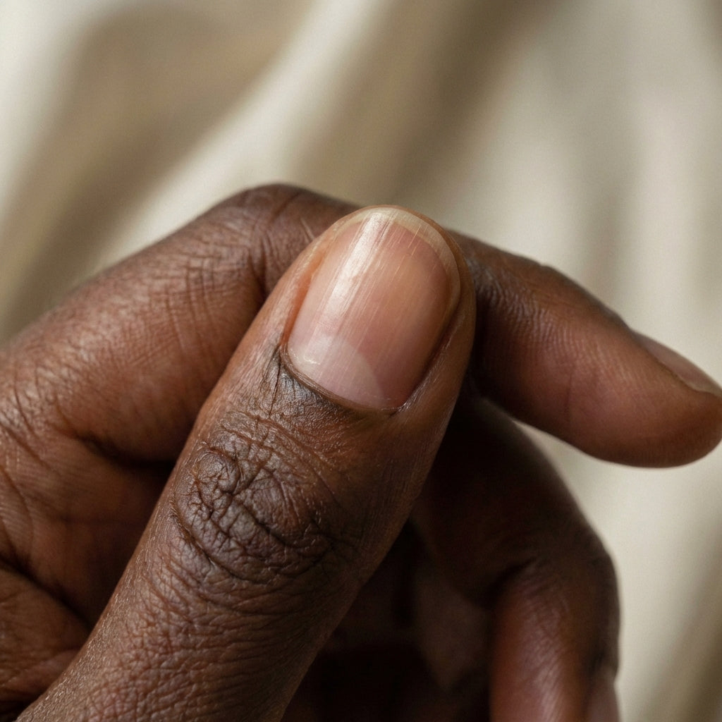 Macro d’un ongle naturel hydraté sous lumière douce, texture lisse et cuticule saine