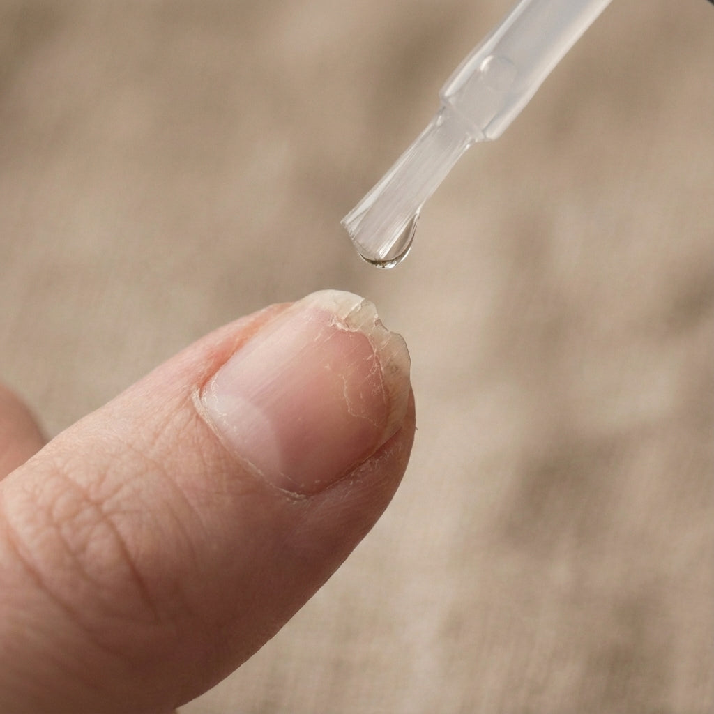 Pinceau de vernis suspendu au-dessus d’un ongle légèrement cassé, lumière naturelle douce. 