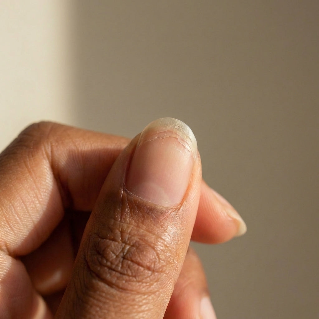 Ongle naturel légèrement dédoublé en macro sous lumière naturelle, texture fine et surface mate. 